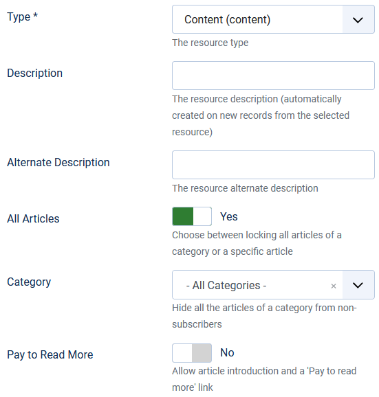 The resource content type parameters