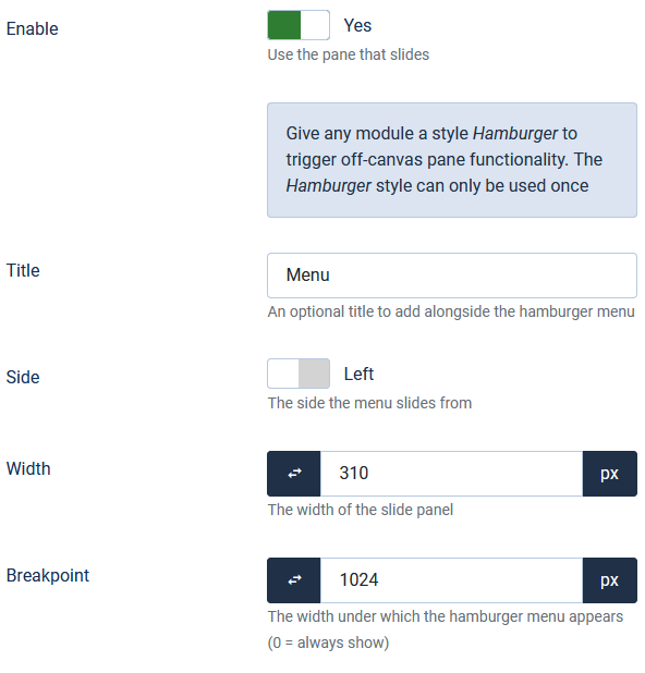 Setting the slide pane parameters